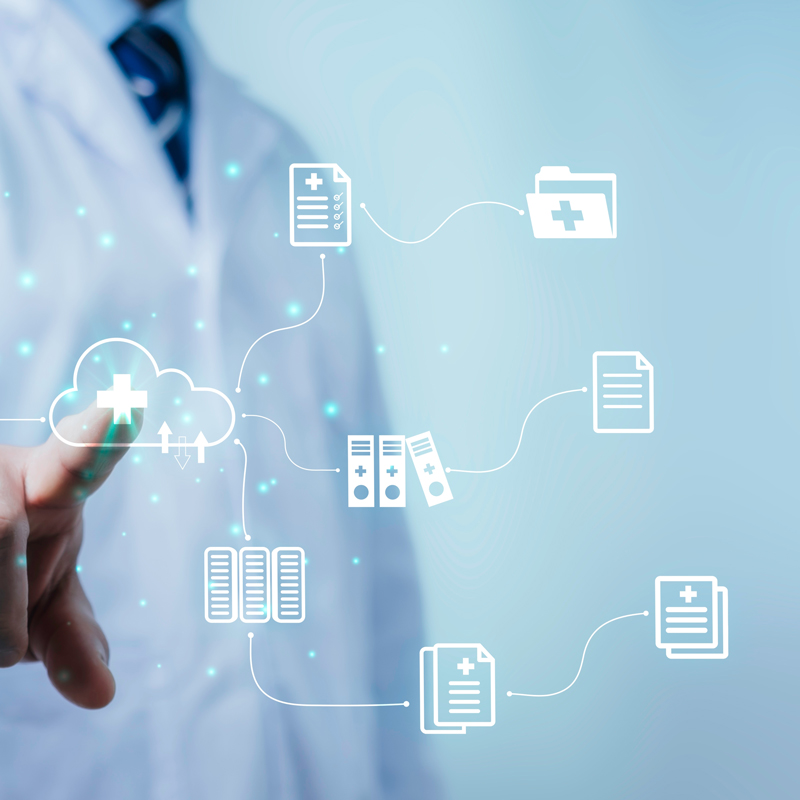 A medical worker works with an electronic database and documents